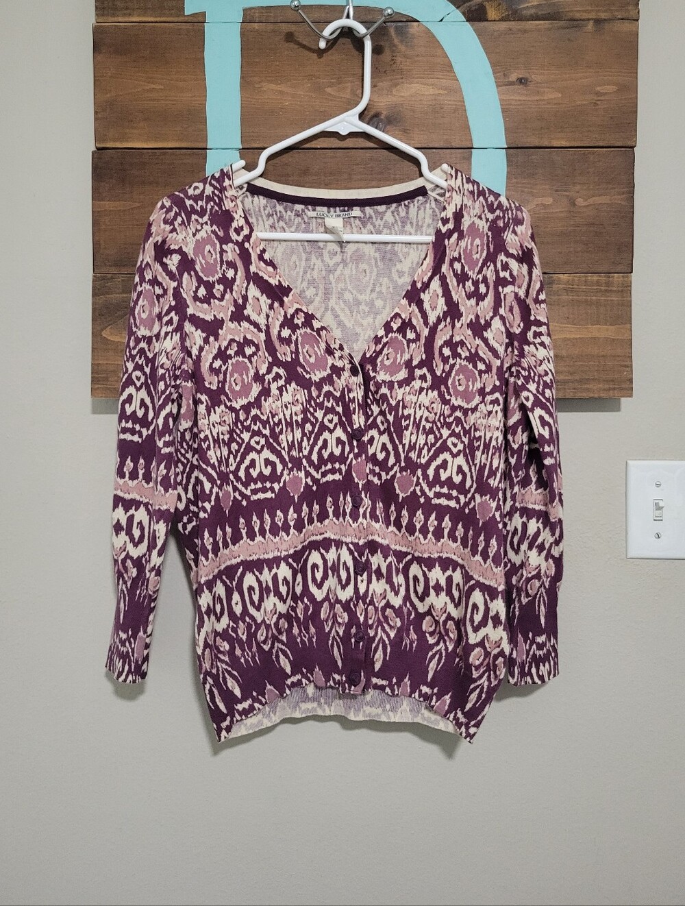 Lucky Brand Purple Ikat Print V-Neck Career Wear Casual Cardigan Top XL